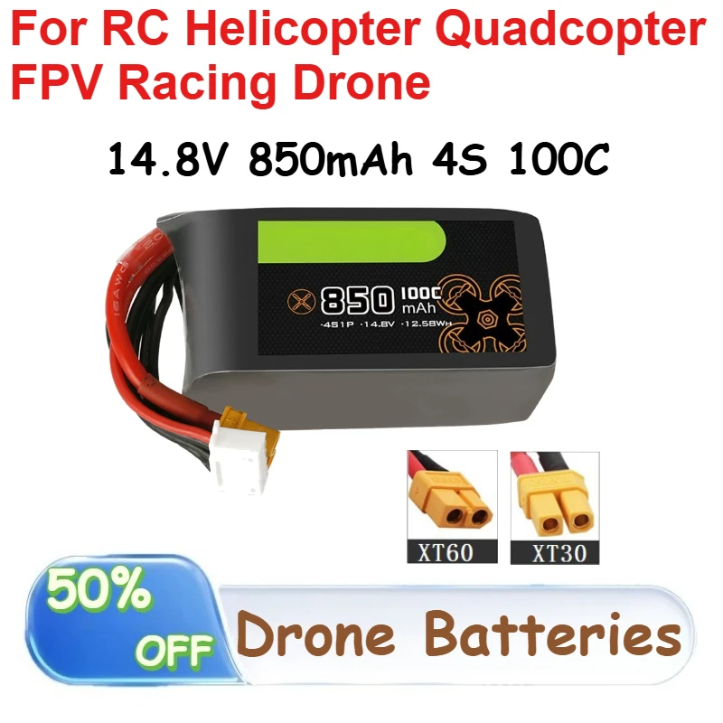 

14.8V 850mAh 4S 100C LiPo Battery for RC Helicopter Quadcopter FPV Racing Drone Batteries Rechargeable with XT30 XT60 Plugs