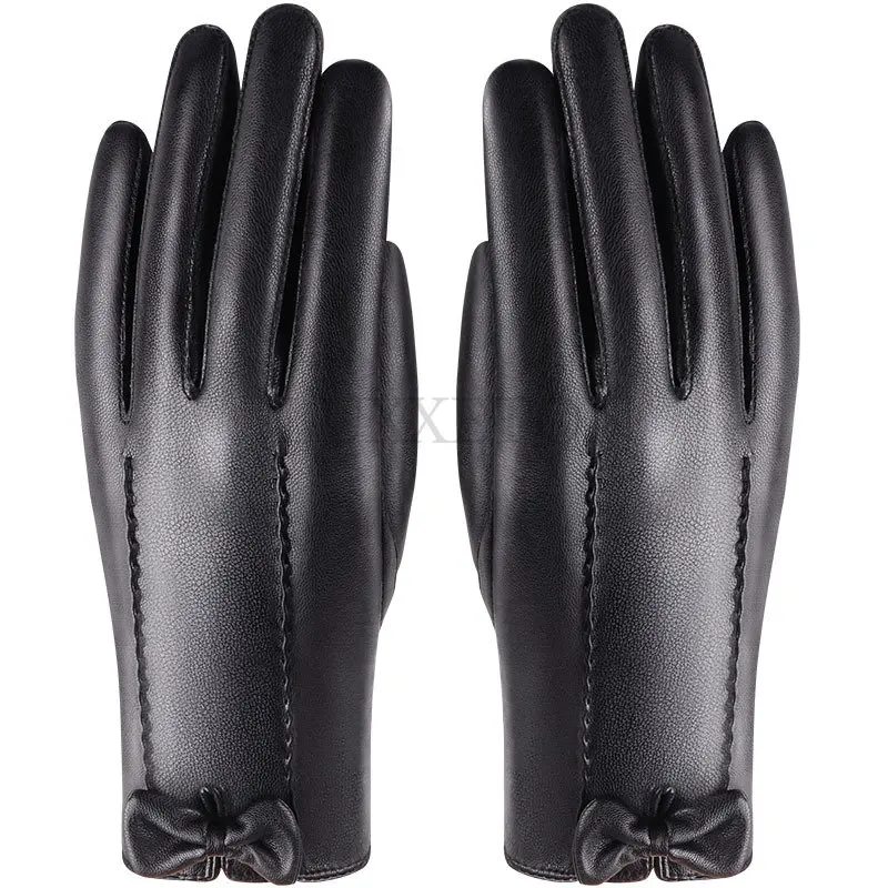 

Winter Women PU Leather Black Bow Touch Screen Gloves Thickened Warm Full Fingers Windproof Driving Gloves Mittens