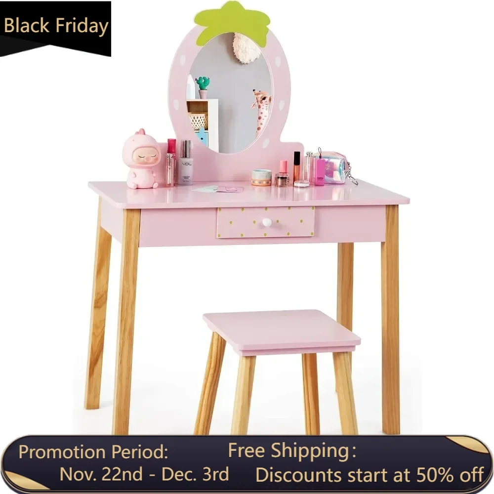 Kids Vanity, Strawberry Themed Princess Makeup Vanity Set for Little Girls, Toddler Bedroom Dressing Table & Stool, Vanity Set