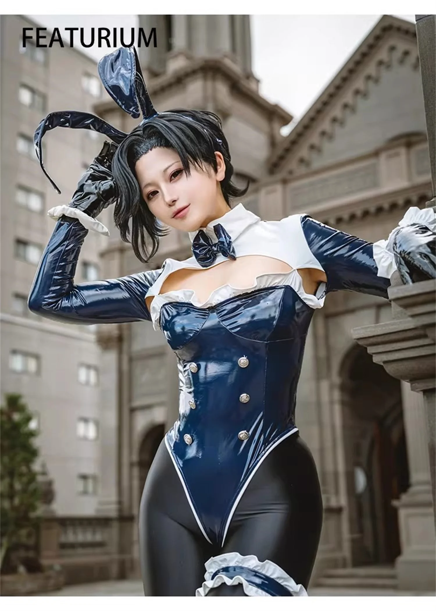 

New FEATURIUM Sexy Patent Leather Bunny Girl One Piece Swimsuit High Cut Hollow Out Long Sleeve Monokini Swimwear Leotard