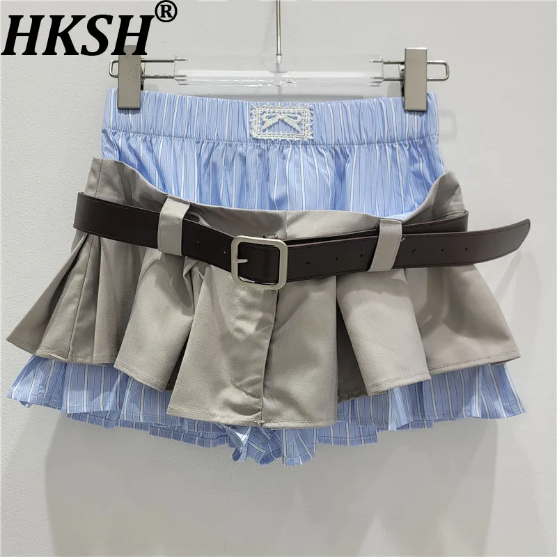 HKSH Women Skirt Elastic Waisted Striped Patchwork Pleated Fake Two-piece Belted Versatile Trend Y2K Short Skirts Summer HK22165