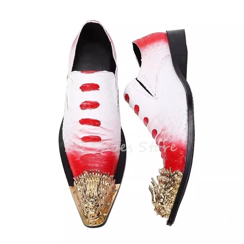 

British Style Metal Pointed Toe Chunky Heel Height Increasing Loafers for Men Handmade Leather Casual Shoes Male Derby Shoes