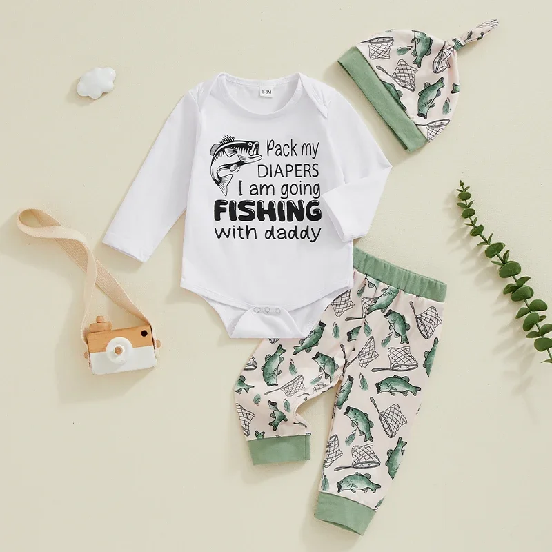 

Newborn Baby Boy Girl Fall Clothes Long Sleeve Fishing with Daddy Romper Fish Print Pants with Hat 3Pcs Coming Home Outfits