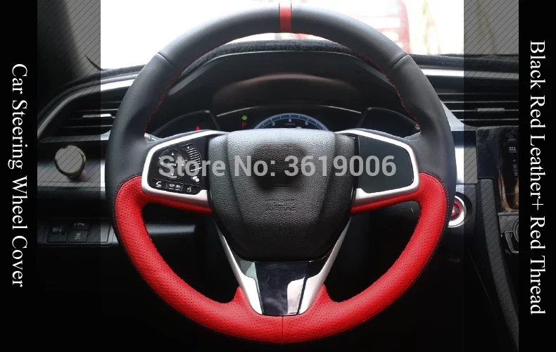 For Honda Civic 10th 2016 High Quality Hand-stitched Anti-Slip Black Red Leather Red Thread DIY Steering Wheel Cover