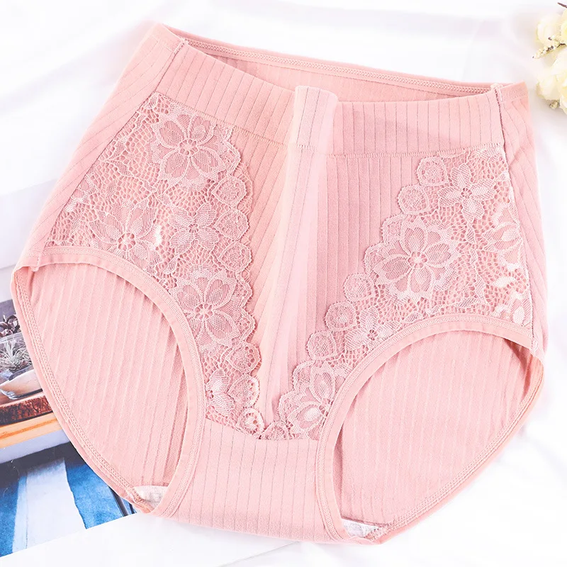 Threaded Cotton Plus Size Ladies Panties Lace High Waist Mom Oversized Briefs