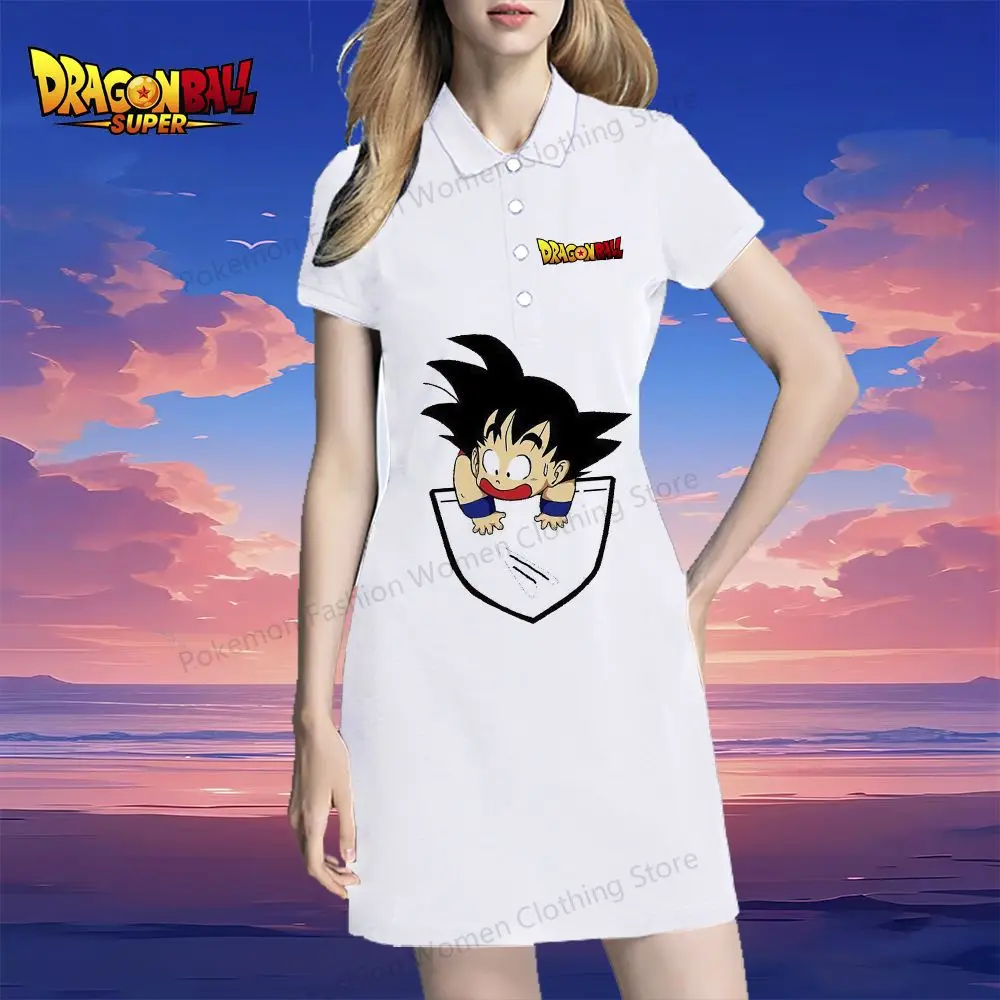 Dragon Ball Women's Polo Shirt Dresses Kakarotto Youthful Woman Clothes Summer One-piece Dress 2024 Y2k V Neck S-2XL Kawaii Sexy