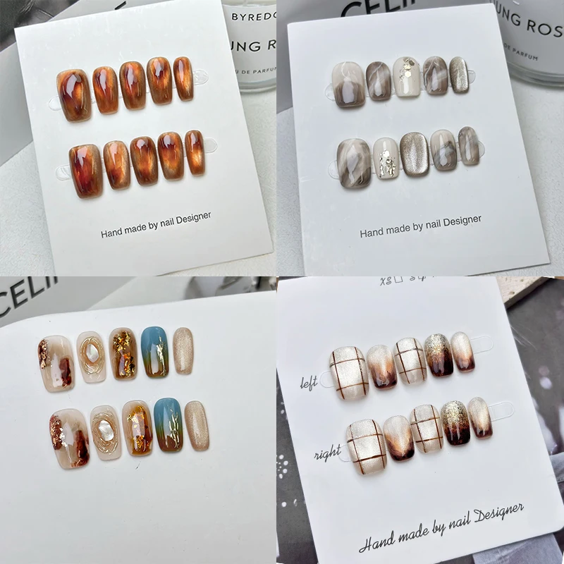 

10pcs Handmade Press on Nails Autumn Winter Caramel Brown Fake Nails Full Coverage Nail Tips for Women&Girl Removable Nail