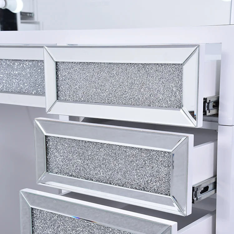 Luxury 11-Drawer Crushed Diamond Dressing Table 15-Bulb Illuminated Mirror Bluetooth Screen Speakers for Bedrooms