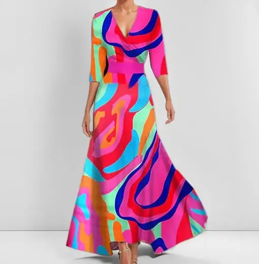 

2025 Women's Spring Summer Latest Hot Selling Elegant Simple Style New Waist Cinching Slim Fit Print V-Neck Long Sleeved Dress