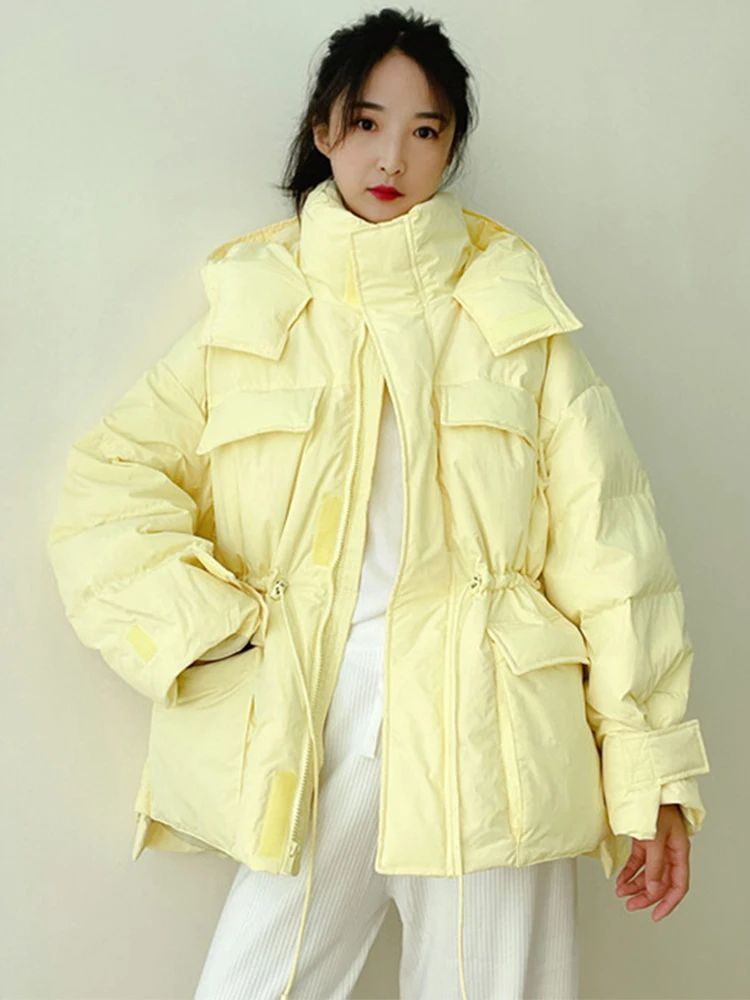 Fitaylor Winter Hooded Light Feather Short Jacket Women 90% White Duck Down Warm Thick Coat Irregular High Waist Fluffy Outwear