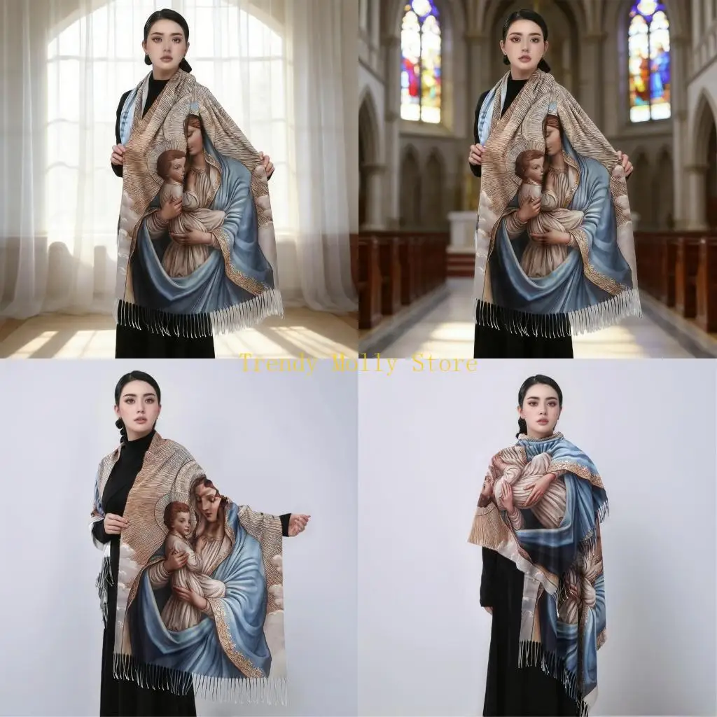 

N5KB Religious Imitation Cashmere Scarf with Holy Virgin Art Print Large Shawl Wrap for Travel and Cultural Event Exhibition