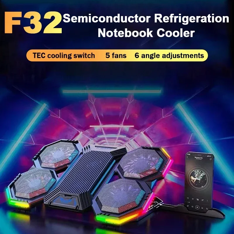 

F32 Laptop Cooler with Phone Holder 6 Angle Adjustable Semiconductor Notebook Cooling pad Stand for 12-21 Inch Tablet/Computer