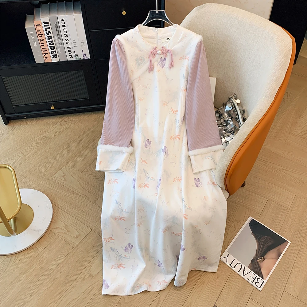 Winter plus-size women's casual relaxed thick comfortable long-sleeved Chinese cheongsam daily party fashion dress 2024 new