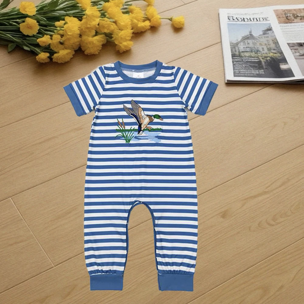 

8.30 Baby Boys Summer Rompers Baby Boys Duck Blue Stripes Short Sleeve Rompers