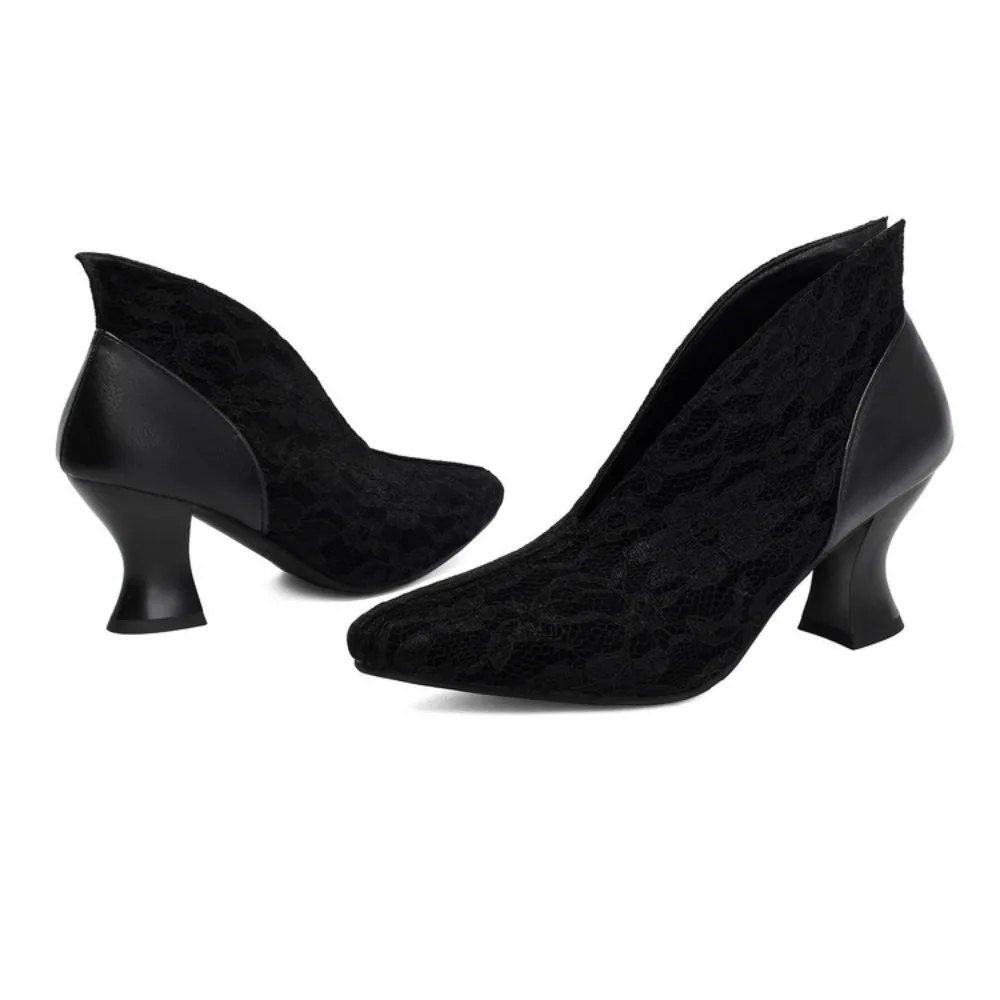 Women's Lace V-Cut Pumps Elegant Wine Glass Heel Dress Shoes 3 Colors Available Black Wine Red Purple Party Wedding Heels 3-935
