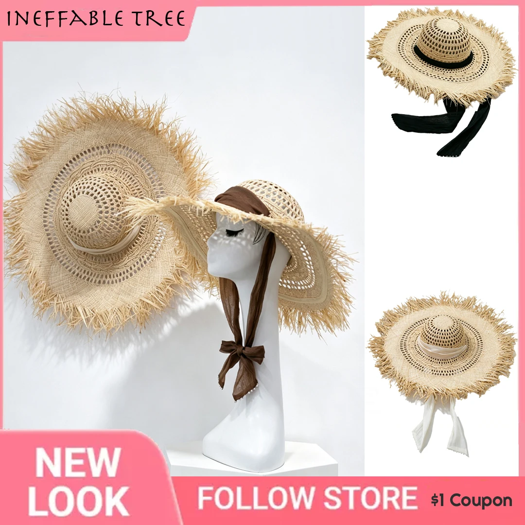 American 12CM Brim Sun Straw Hat for Women British Vintage Summer Lafite Grass Sunscreen Beach Tassel Laces Up Cap Chapeau Homme