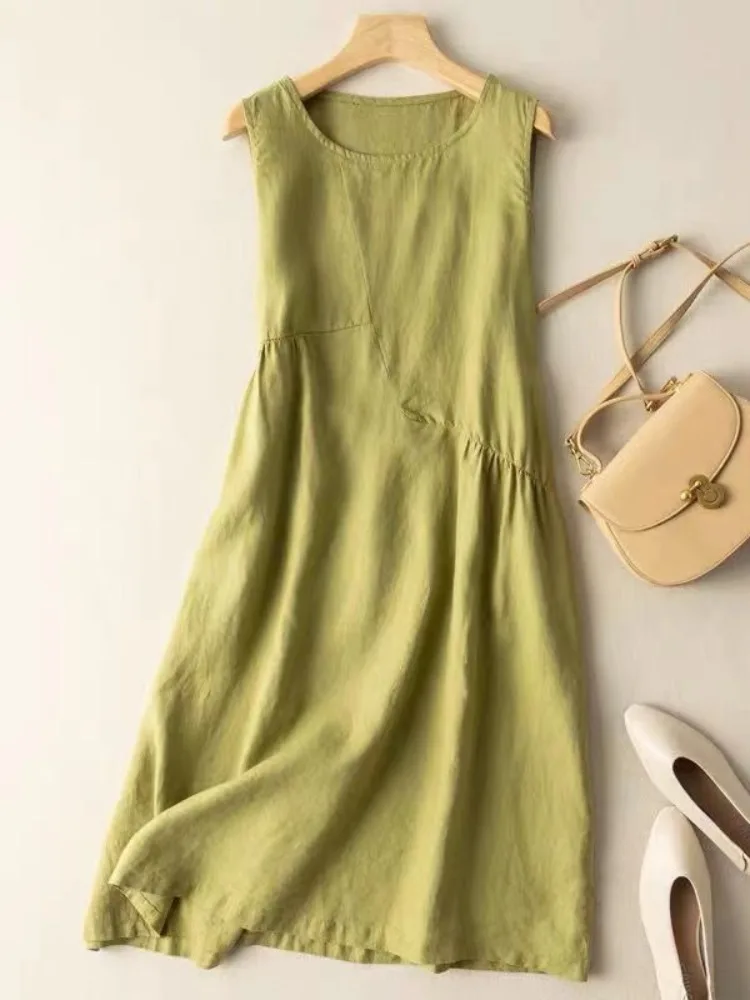 

Летний хлопково-льняной жилет-платье для женщин, свободный повседневный, средней длины, А-силуэт, однотонный, с вставками, без рукавов