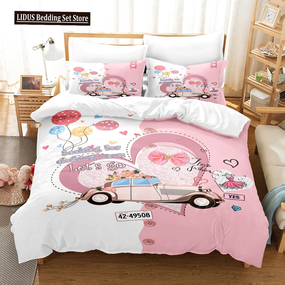 Pink Bedding Set Romantic Theme Love Heart Wedding Car Duvet Cover Set King Queen Full Size For Kids Girls Women Comforter Cover