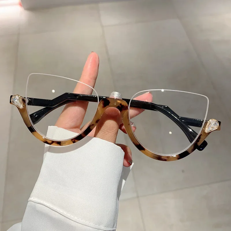 

Anti Blue Light Optical Half Frame Glasses Women Cat Eye Vintage Luxury Brand Designer Myopia Prescription Diamond Eyewear Frame