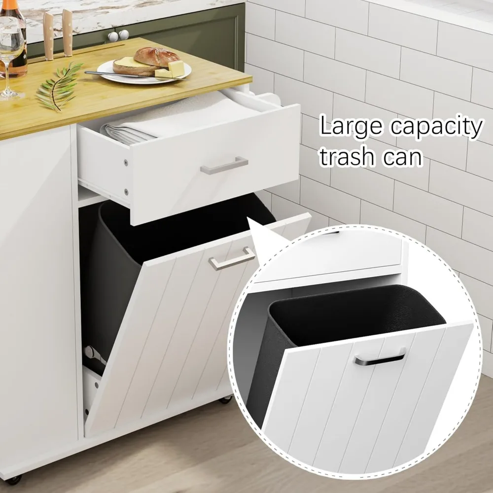 Rolling Island with Trash Can, Portable Kitchen Cart on Wheels with Towel Rack and Spice Rack, Tilt Out Trash Can Cabinet with D