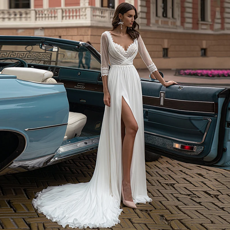 

Fashion Boho Slit Chiffon Lace Wedding Dress 2022 High Quality V-neck Sweep Train Three Quarter Backless Bridal Gowns