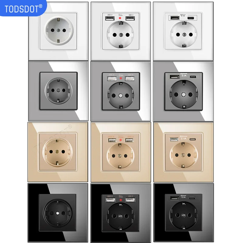 German Type C USB Socket Crystal Glass Panel, Russian USB C Wall Power Switch Socket Spain Rapid Charger 5V 2.1A Adapter Poland