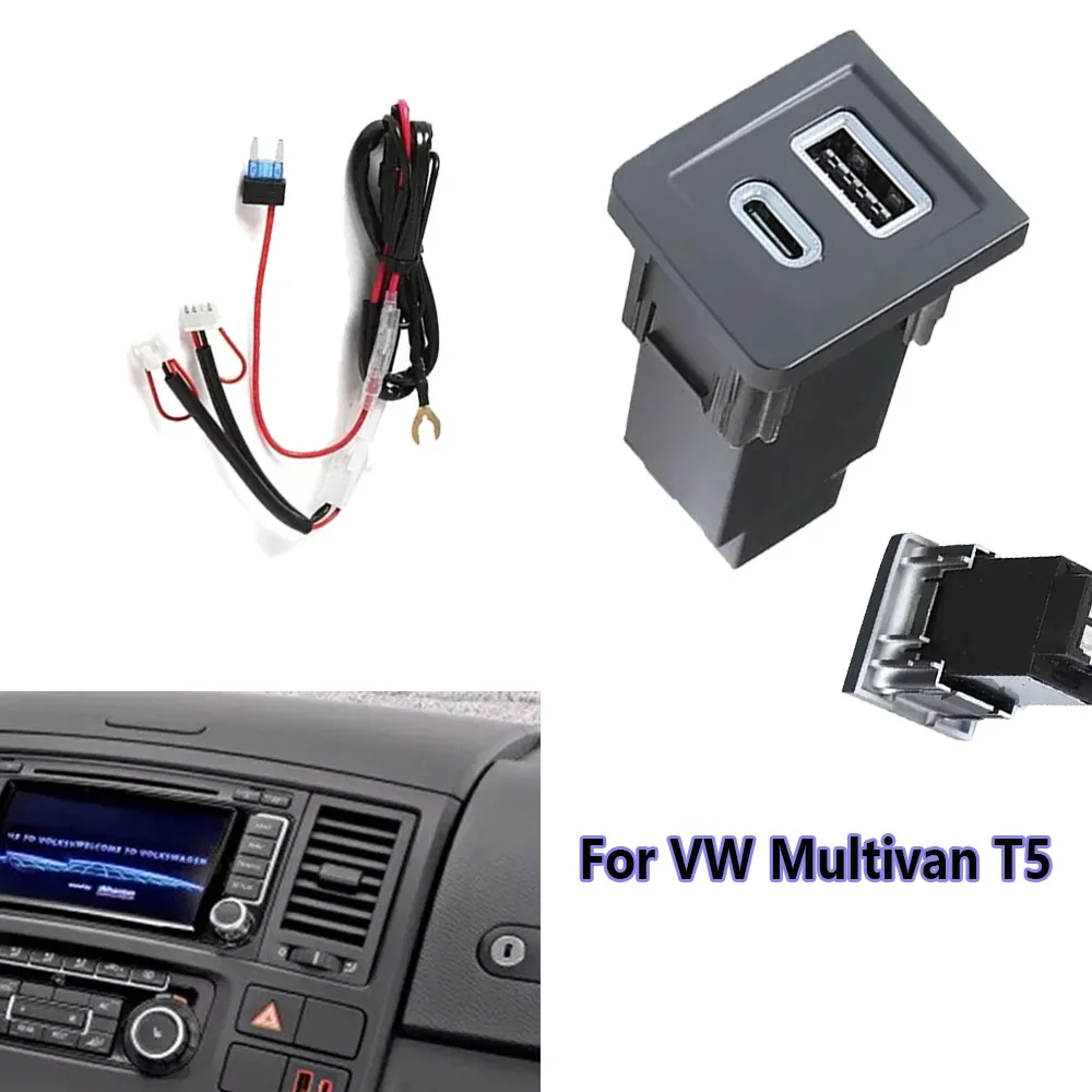 Dual USB PD Type C/QC Car Power Adapter Auto Charger Outlet 2 Ports Compatible for VW Multivan T5 Vehicle Accessory