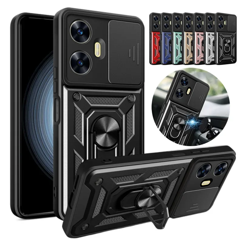 For Realme C55 4G Case Slide Camera Shockproof Armor Case For OPPO Realme C55 C 55 RealmeC55 Magnetic Holder Ring Protect Cover