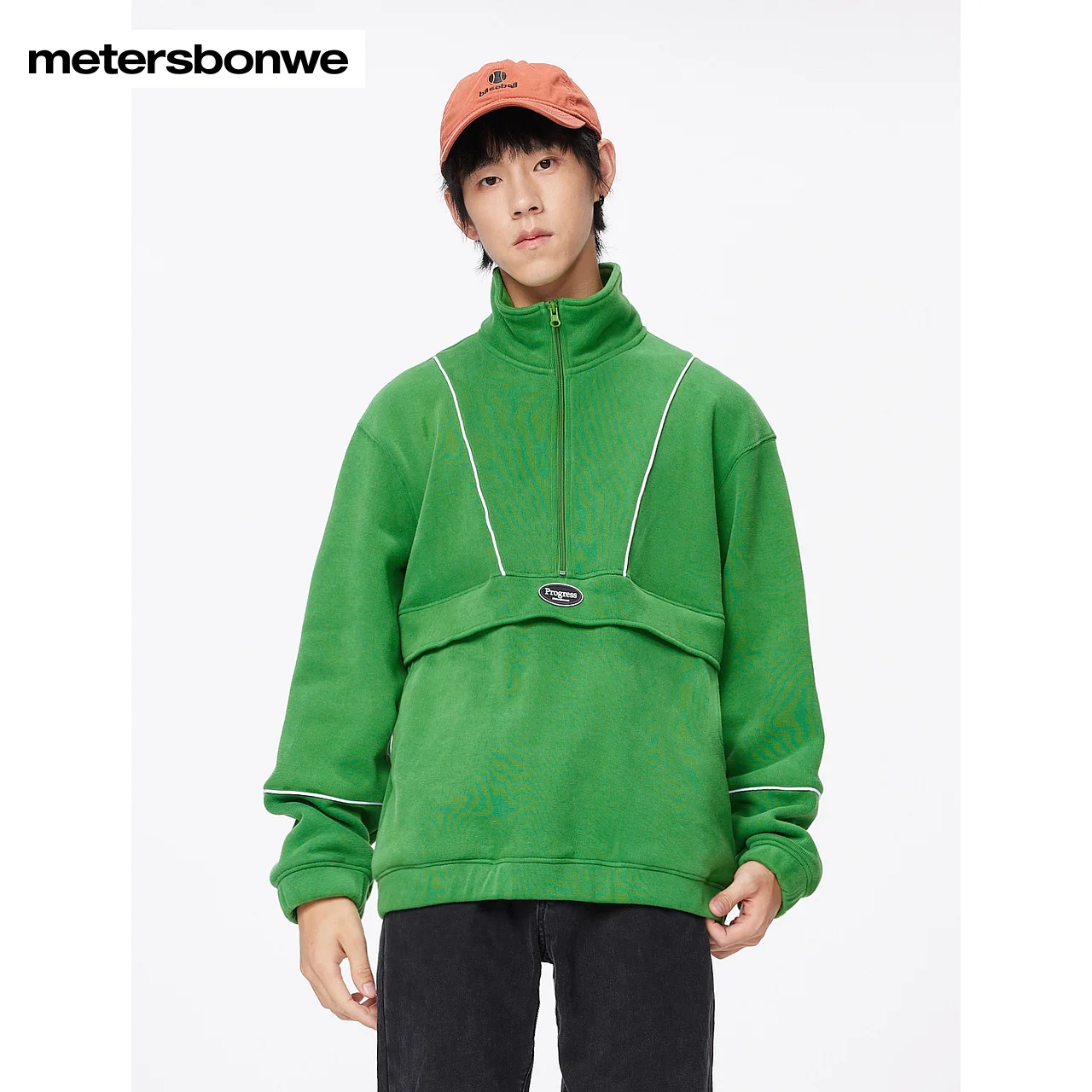 

Metersbonwe-Men's Half-Zip High-Collar Sweatshirt Solid Color Fleece Thick Hoodie Christmas Green Casual Winter