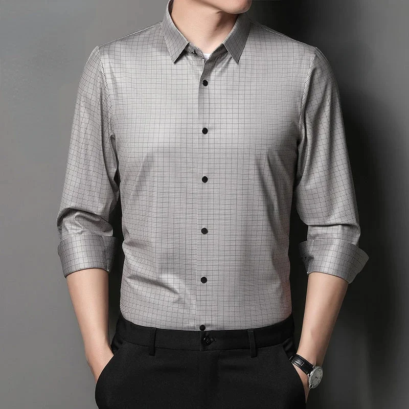 

Spring Real Silk Shirt Men Plaid Long Sleeved 100% Mulberry 's Business Casual Fashion s Chemise Homme