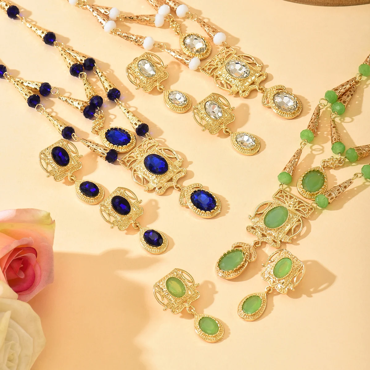 Vestido de casamento marroquino, joias artesanais, vermelho, azul, pedra preciosa, colar, brincos, banhado a ouro, kaftan, acessórios de noiva