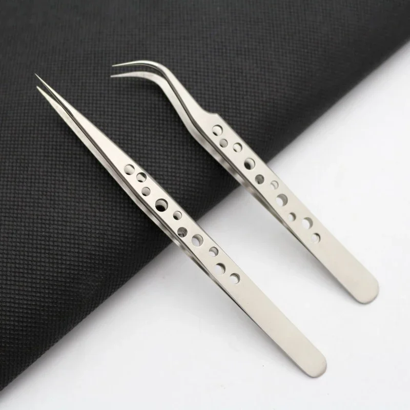 Precision tweezers with holes, elbow, electronic component, mobile phone repair, stainless steel holding tools, tweezers, clip