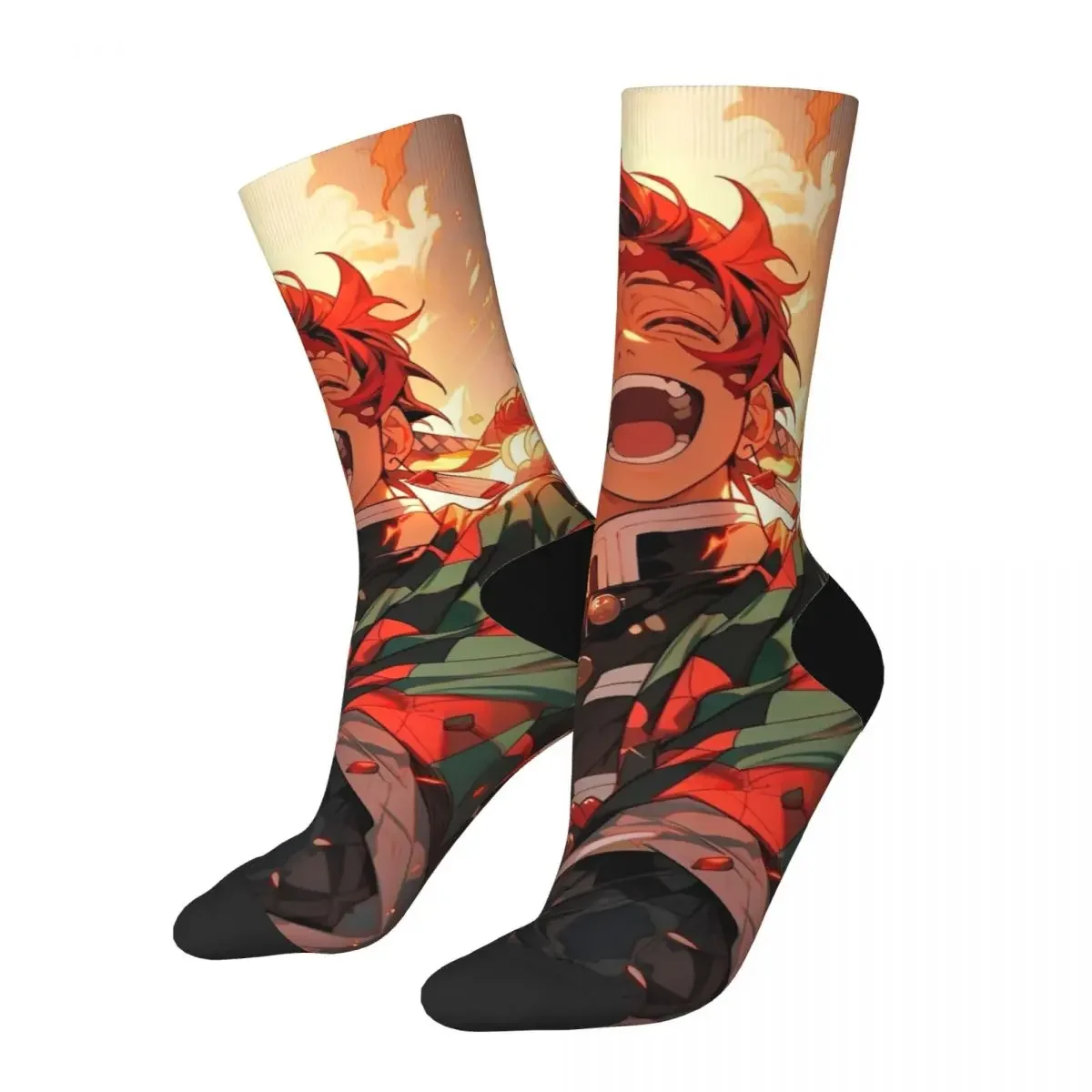 Colorful Demon Slayer Tanjiro Kamado Smiling Basketball Socks Polyester Long Socks for Women Men