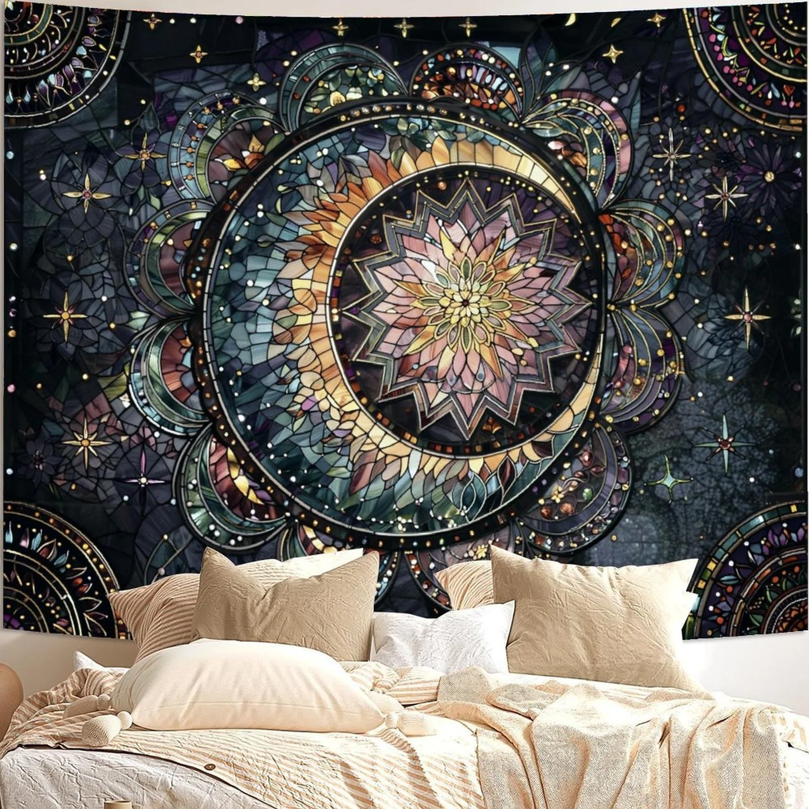 Luxurious Cosmic Mandala Tapestry Wall Hanging Bohemian Boho Astrology Celestial Galaxy Starry Night Decor Art Print Polyester F