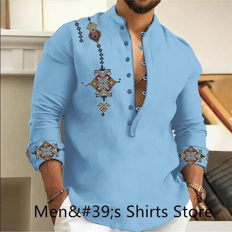 2024 Men\'s Hawaiian Shirt Long Sleeve Oversized V Neck 3D Vintage Shirt High Quality Four Seasons Large Size Clothing Multicolor
