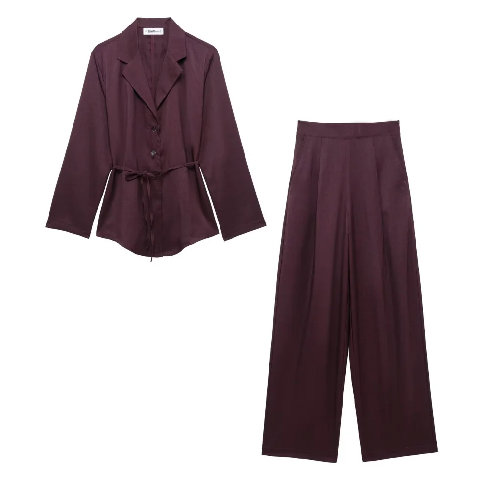 

2025 BM&MD&ZA Women's Casual Set Burgundy Lapel - style Blouse with Belt and Matching Wide Leg Trousers