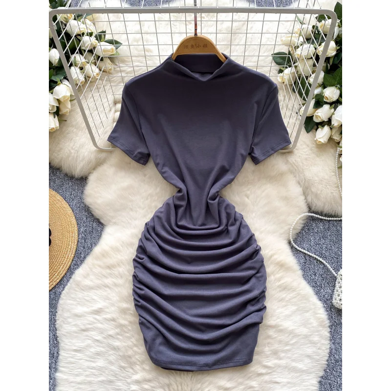 Ins ผู้หญิงฤดูร้อนคอเต่าจีบ bodycon มินิสั้นชุดลําลอง ruched party t เสื้อชุด draped night club sheath vestidos