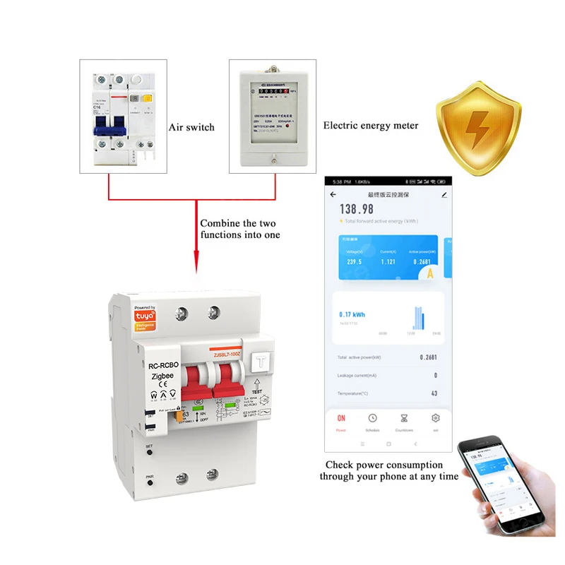 Tuya Zigbee devre kesici 2P anahtarı aşırı yük kısa devre koruması güç tüketimi RCBO devre kesici Alexa uyumlu