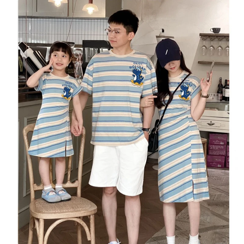 

2026 Summer Family Matching Outfits Striped Dinosaur Print T-Shirt & Dress Set for Mom Dad Baby Casual Daily Wear