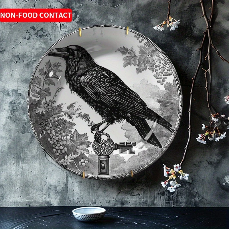 1pc Vintage Black Bird & Key Ceramic Decorative Plate - European Art Decor Circular Tabletop Display Dish, Non-Food Contact