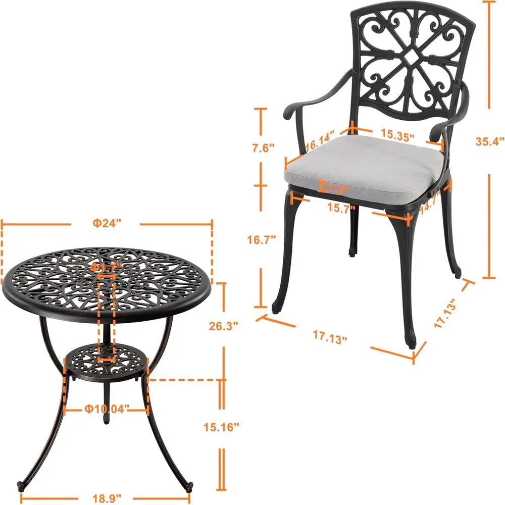 ชุดบิสโทรอลูมิเนียมหล่อ 3 ชิ้นกลางแจ้งพร้อมเบาะรองนั่งสีเทา เหมาะสำหรับลานบ้าน สวนหลังบ้าน และระเบียง