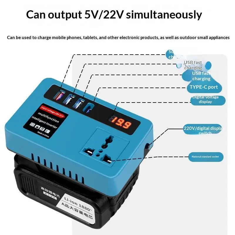 New 18v-21v To 220v Battery Inverter with 4 USB LED Multifunctional Smart Transformer Dual Plug Household