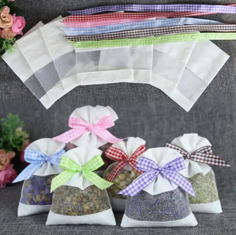 500pcs Cotton and Yarn Lavender Sachet bag Dried Flower Bag with Plaid Ribbon Jewelry Gift Bag  ni255