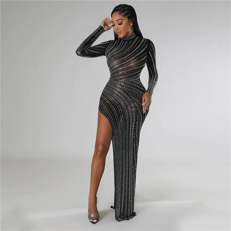 فستان حفلات مثير بحجر الراين الكريستالي اللامع للنساء فستان ماكسي ضيق بفتحة عالية للنوادي الليلية وأعياد الميلاد شبكي شفاف غير منتظم #2