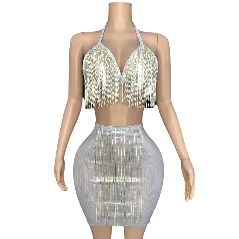 

Sexy Tight Hip Skirt Suit Wind Bar Nightclub DJ Plus Size Performance White Dresses With Rhinestones Formal Dress Women Elegant