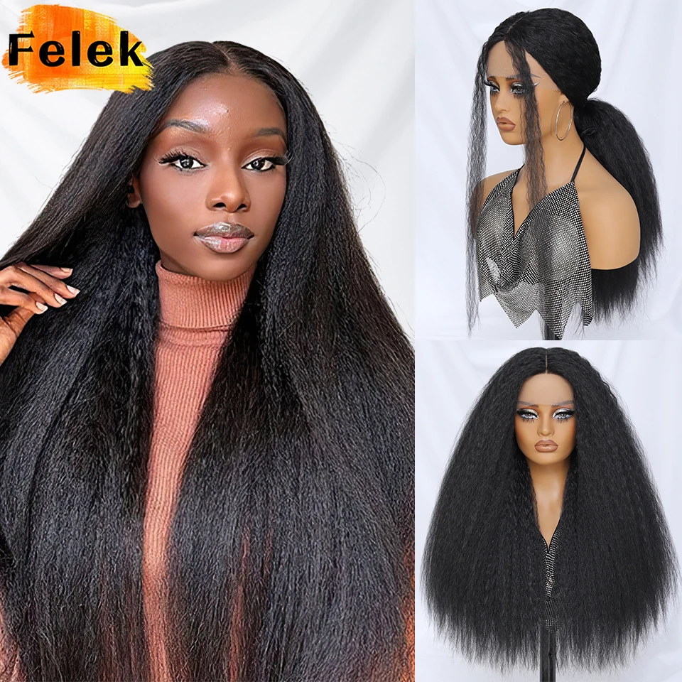 Wig renda lurus Kinky 28 inci hitam sintetis T Part wig depan renda lurus Yaki untuk wanita wig Afro coklat dengan garis rambut