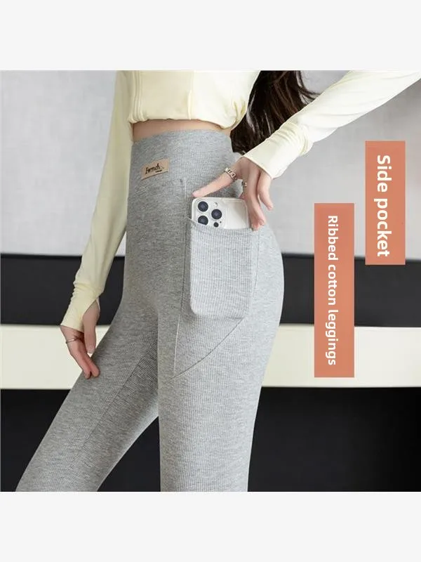 

Брюки для йоги с высокой талией. Женские хлопковые эластичные брюки в рубчик. Большой размер. Можно носить на улице. Брюки с девятью точками. Осенние...