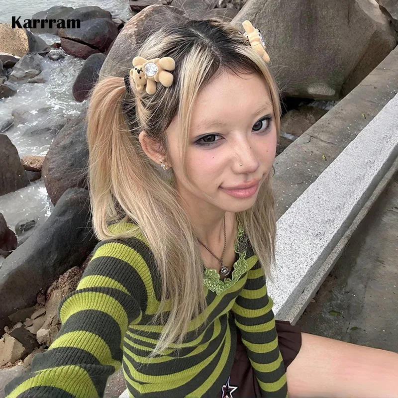 Karrram Japanese Y2k Green Striped Pullover Vintage 2000s Style Lace Knitted Tops Harajuku Fairycore V-neck Slim Sweater Elegant