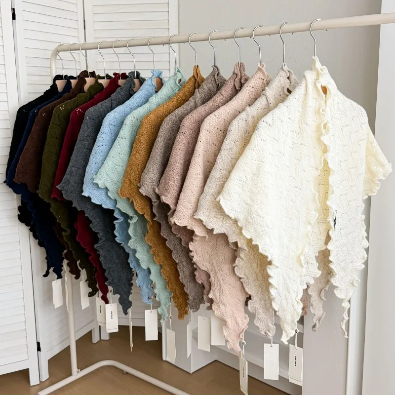 Koreanischer schlichter Herbst- und Winter-Schal in Uni-Farben, eleganter gestrickter Wollmischschal, Dreieckstuch, Damenaccessoire – Detail 1
