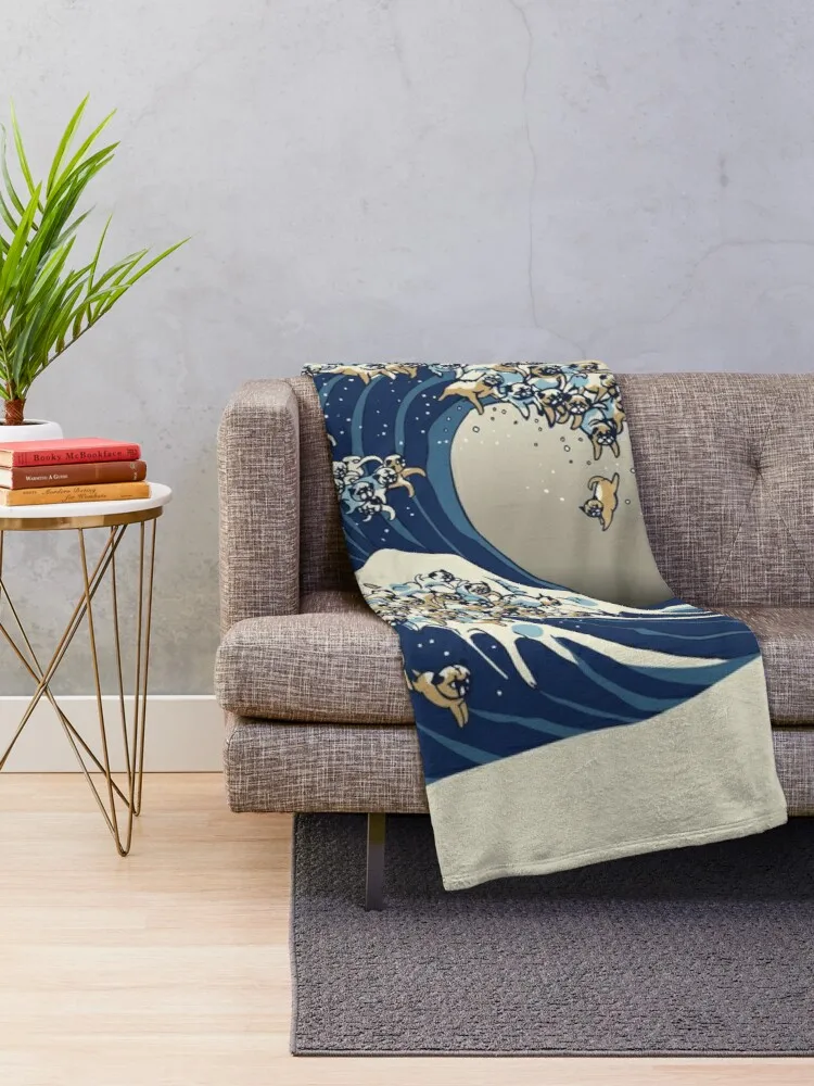 The Great Wave of Pugs Vanilla Sky Throw Blanket